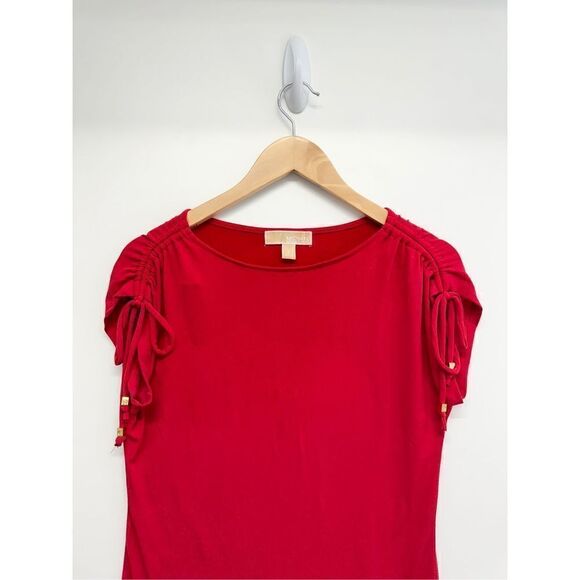 Michael Kors Red Shirt Ladies Size Small Ruched Pullover Short Sleeve Logo - Picture 5 of 7